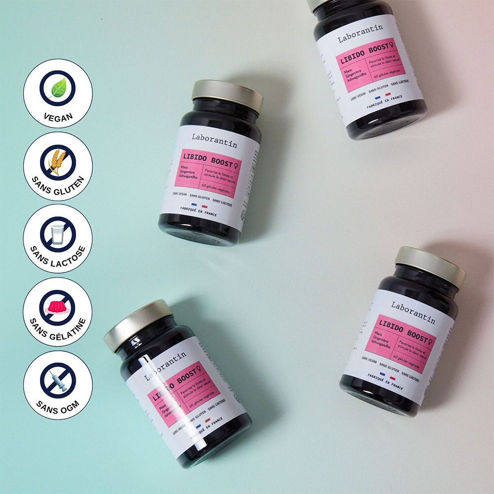 Plusieurs flacons du produit. Symboles: Vegan, sans gluten, sans lactose, sans gélatine, sans OGM.