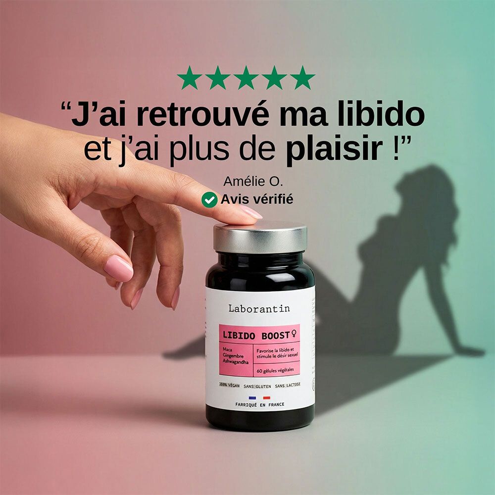 Flacon Laborantin Libido Boost Frau. Citation et avis. Main touchant le flacon. Fond vert et turquoise.