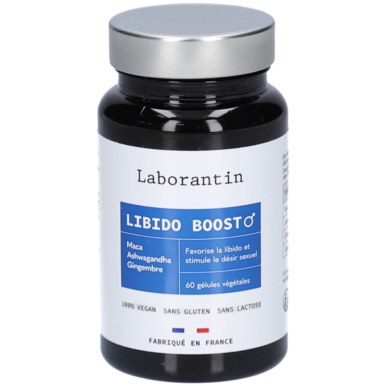 Flacon noir, bouchon argenté. Étiquette "Laborantin", "Libido Boost". 60 gélules, vegan, sans gluten, sans lactose. Fabriqué en France.