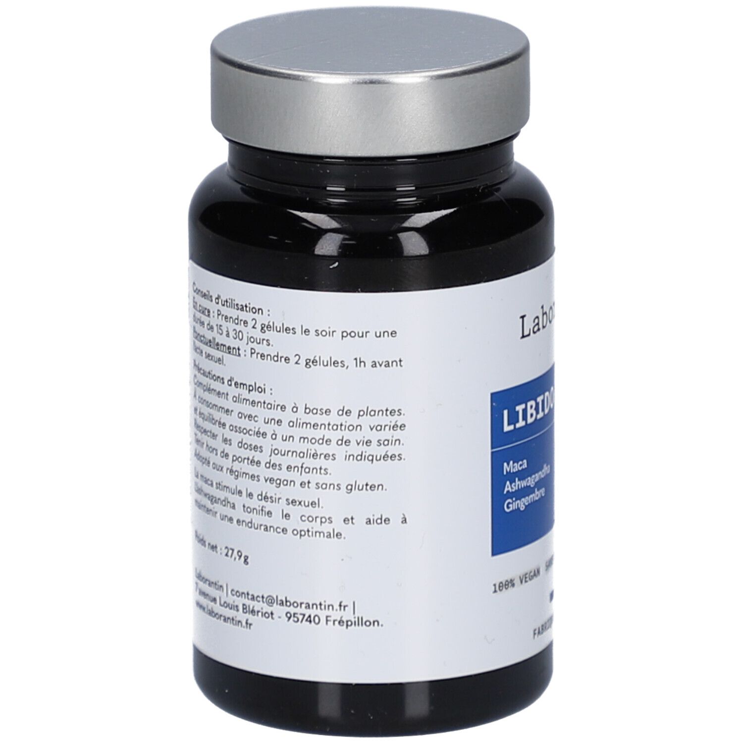 Flacon noir, bouchon argenté. Étiquette avec informations d'utilisation et ingrédients. Vegan, sans gluten, sans lactose.