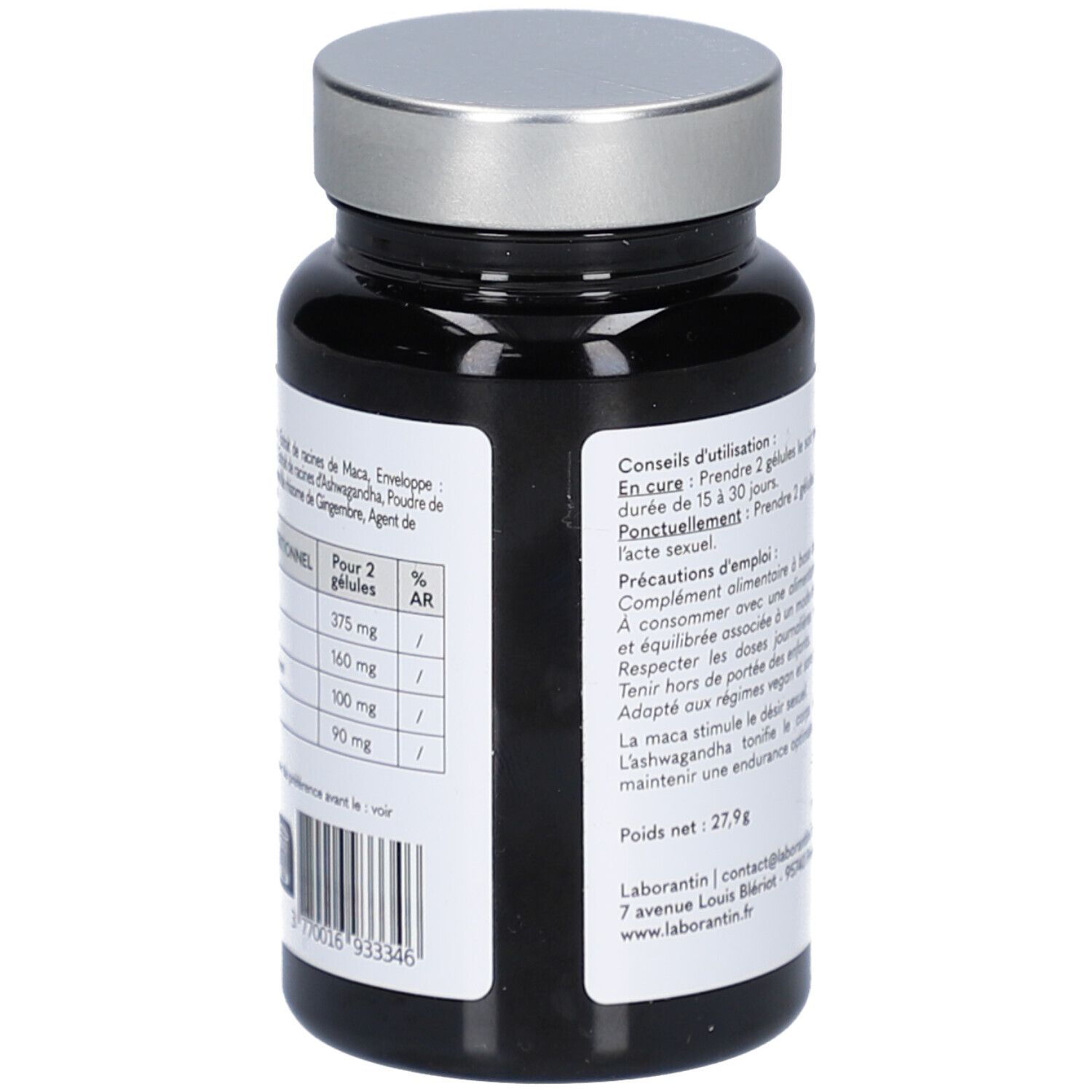 Flacon noir, bouchon argenté. Étiquette avec tableau nutritionnel. Vegan, sans gluten, sans lactose. Poids net: 27,9g.