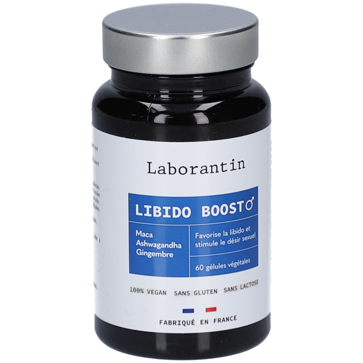 Flacon noir, bouchon argenté. Étiquette "Laborantin", "Libido Boost". 60 gélules, vegan, sans gluten, sans lactose. Fabriqué en France.