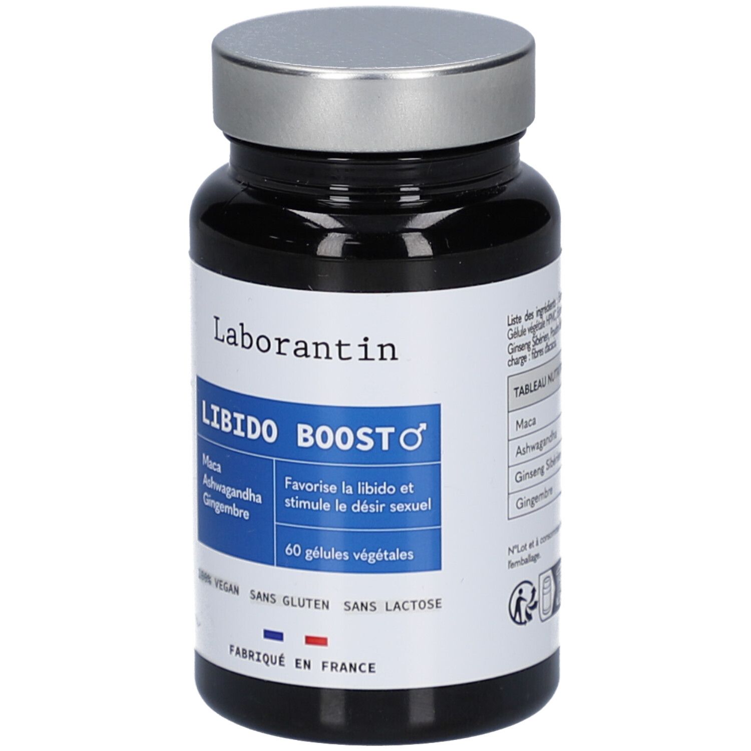 Flacon noir, bouchon argenté. Étiquette "Laborantin", "Libido Boost". 60 gélules, vegan, sans gluten, sans lactose. Fabriqué en France.
