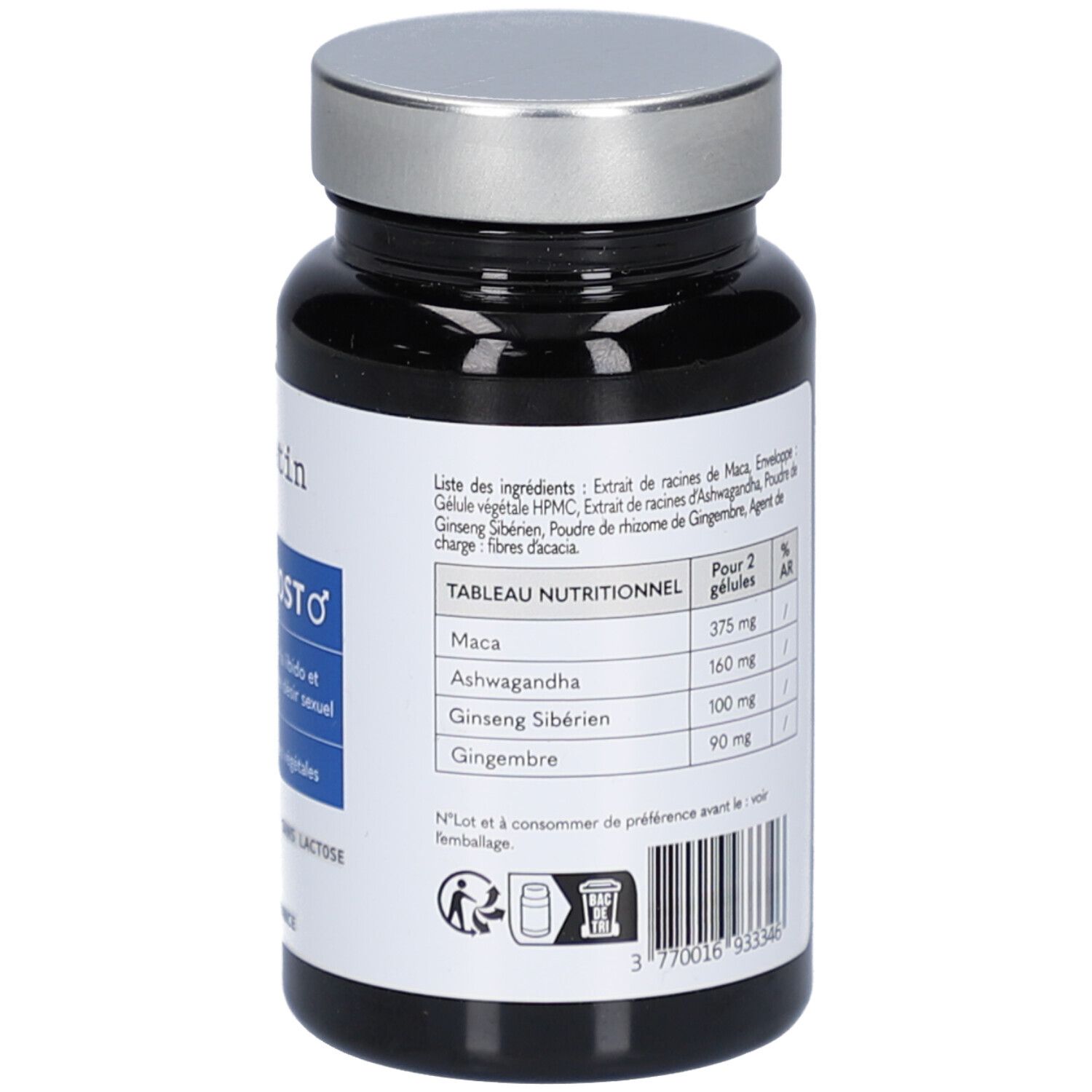 Flacon noir, bouchon argenté. Étiquette avec ingrédients et tableau nutritionnel. Vegan, sans gluten, sans lactose.