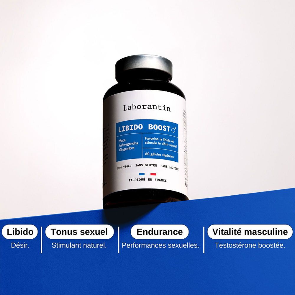 Produit Libido Boost Homme. Mots-clés: Libido, Tonus sexuel, Endurance, Vitalité masculine. Graphique bleu et blanc.