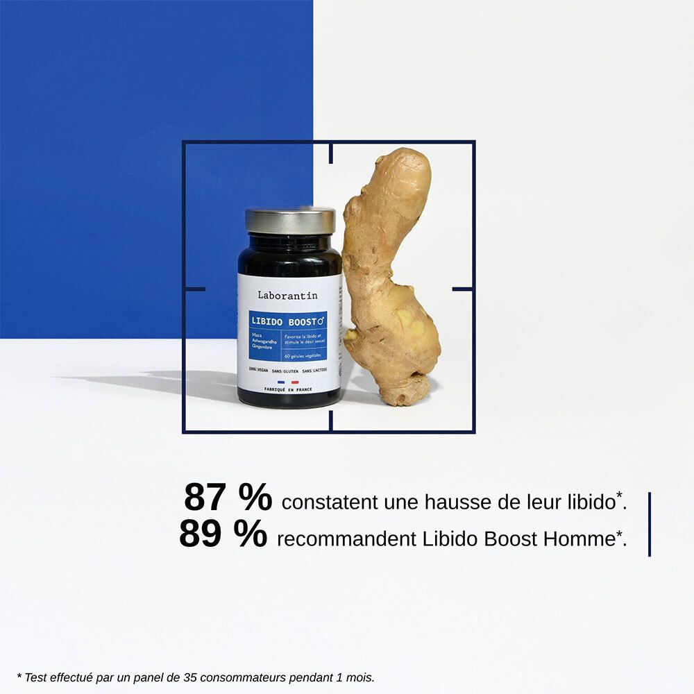 Flacon Libido Boost Homme et gingembre. 87% augmentation de la libido, 89% recommandent Libido Boost Homme. Graphique bleu et blanc.