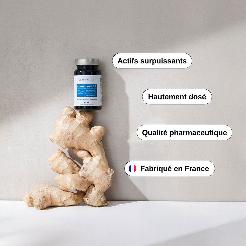 Flacon Libido Boost Homme et gingembre. Mots-clés: Actifs surpuissants, Hautement dosé, Qualité pharmaceutique, Fabriqué en France.