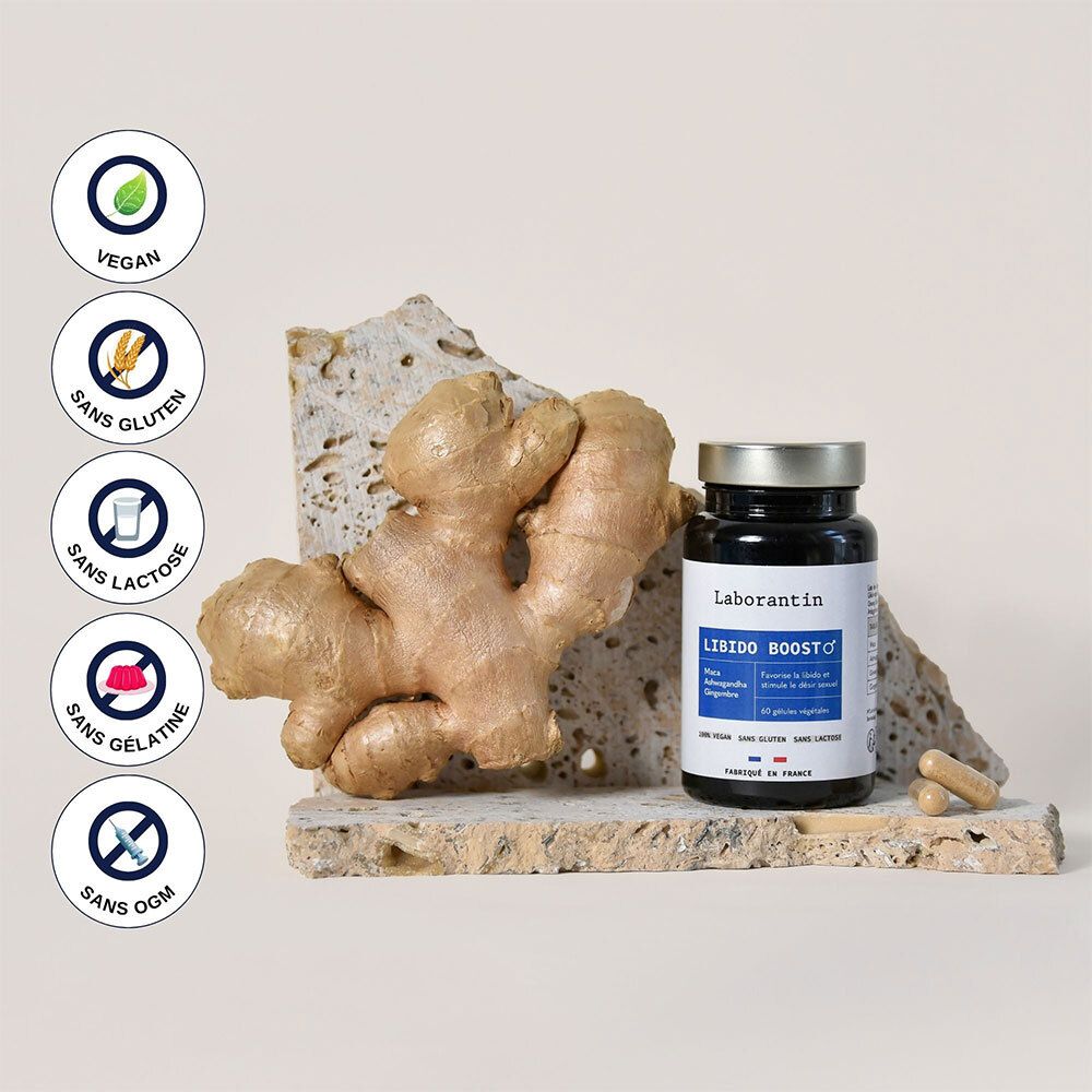 Flacon Libido Boost Homme, gingembre et symboles: Vegan, sans gluten, sans lactose, sans gélatine, sans OGM.