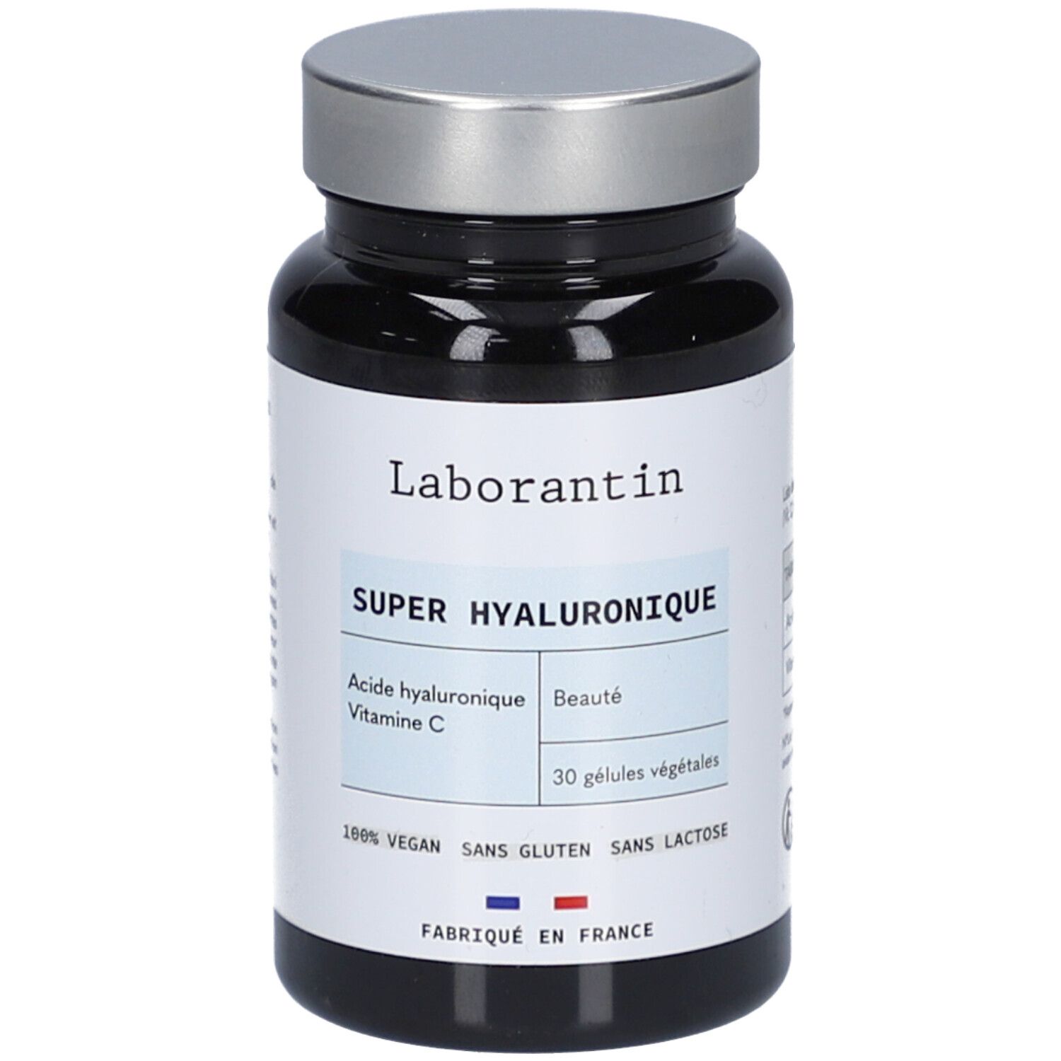 Flacon noir, bouchon argenté. Étiquette avec "Laborantin", "SUPER HYALURONIQUE", "30 gélules végétales".