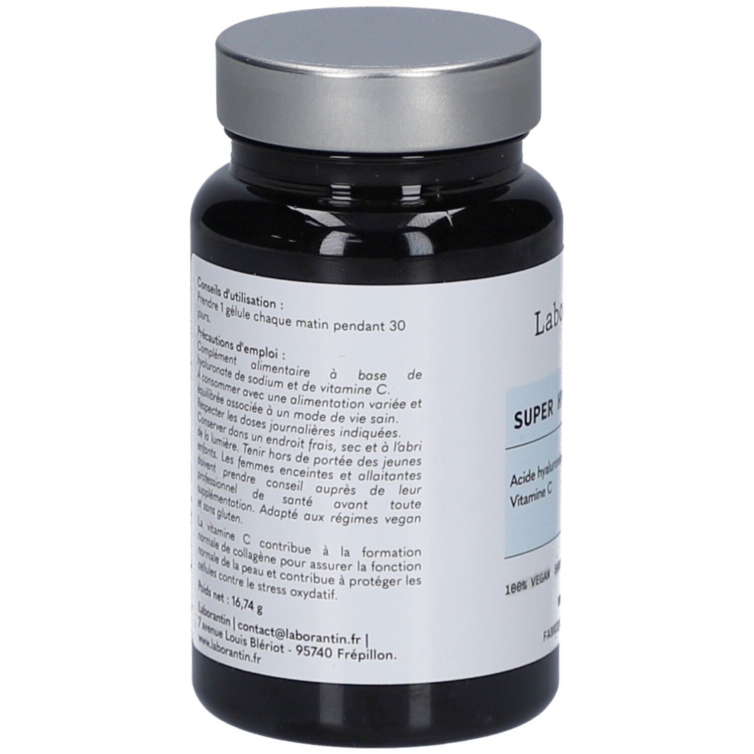 Vue arrière du flacon noir, bouchon argenté. Texte sur l'étiquette.