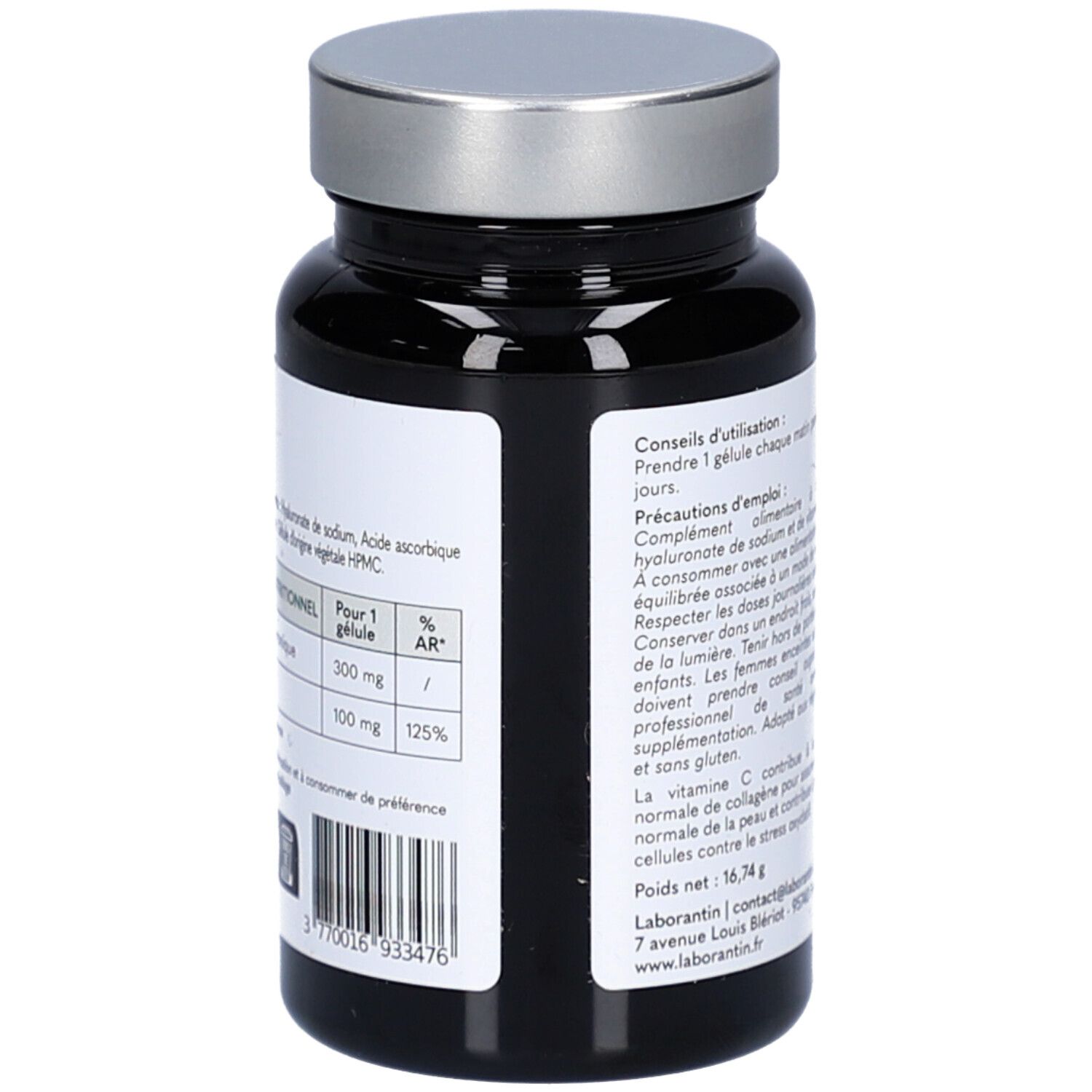 Vue arrière du flacon noir, bouchon argenté. Tableau nutritionnel sur l'étiquette.