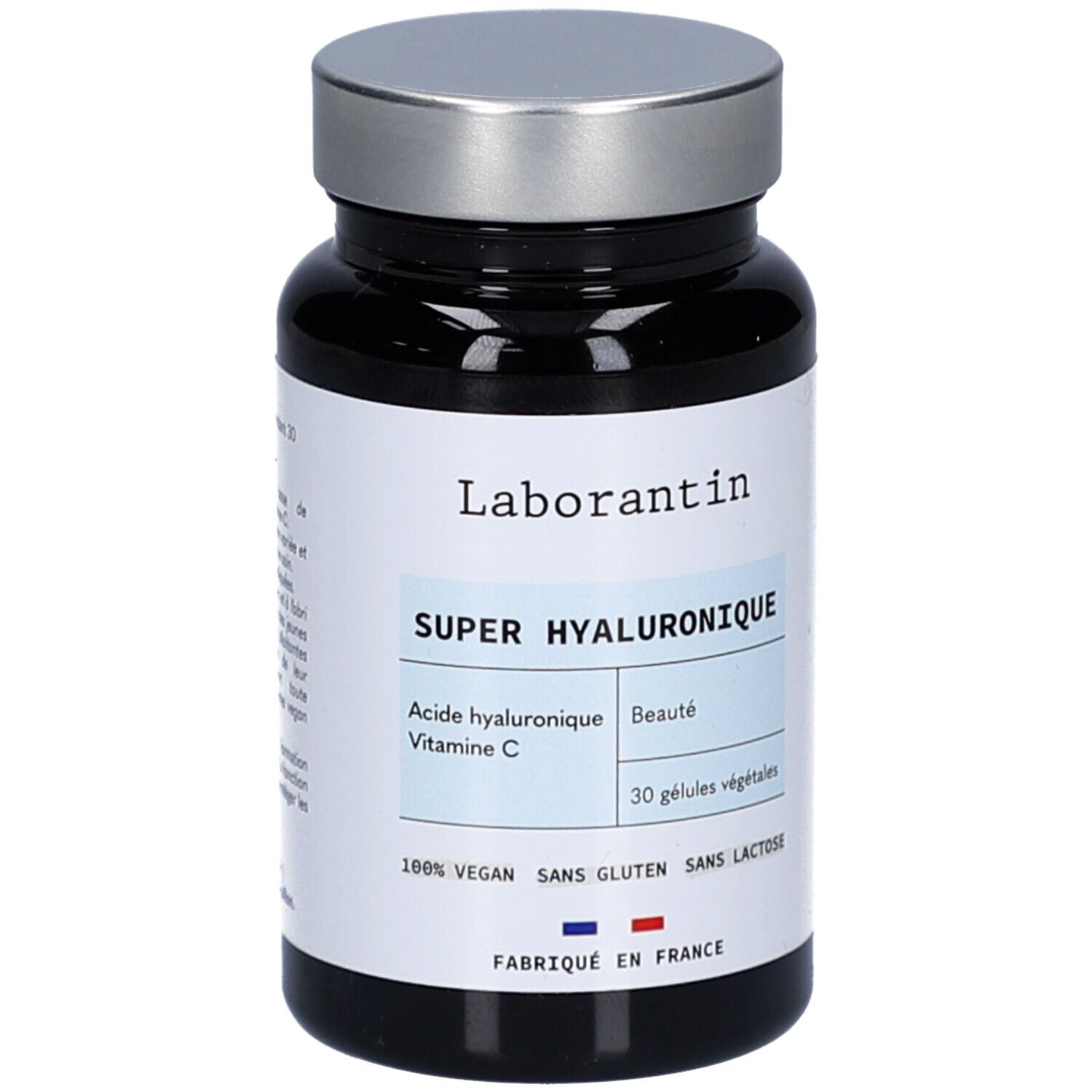 Flacon noir, bouchon argenté. Étiquette avec "Laborantin", "SUPER HYALURONIQUE", "30 gélules végétales".