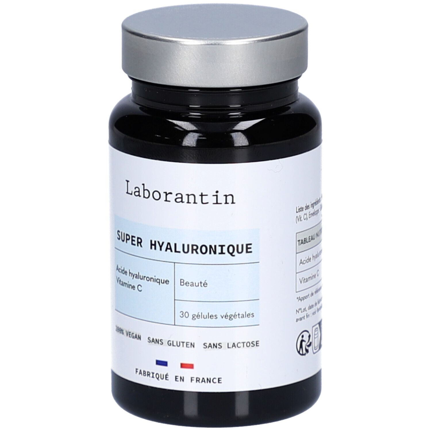 Flacon noir, bouchon argenté. Étiquette avec "Laborantin", "SUPER HYALURONIQUE", "30 gélules végétales".