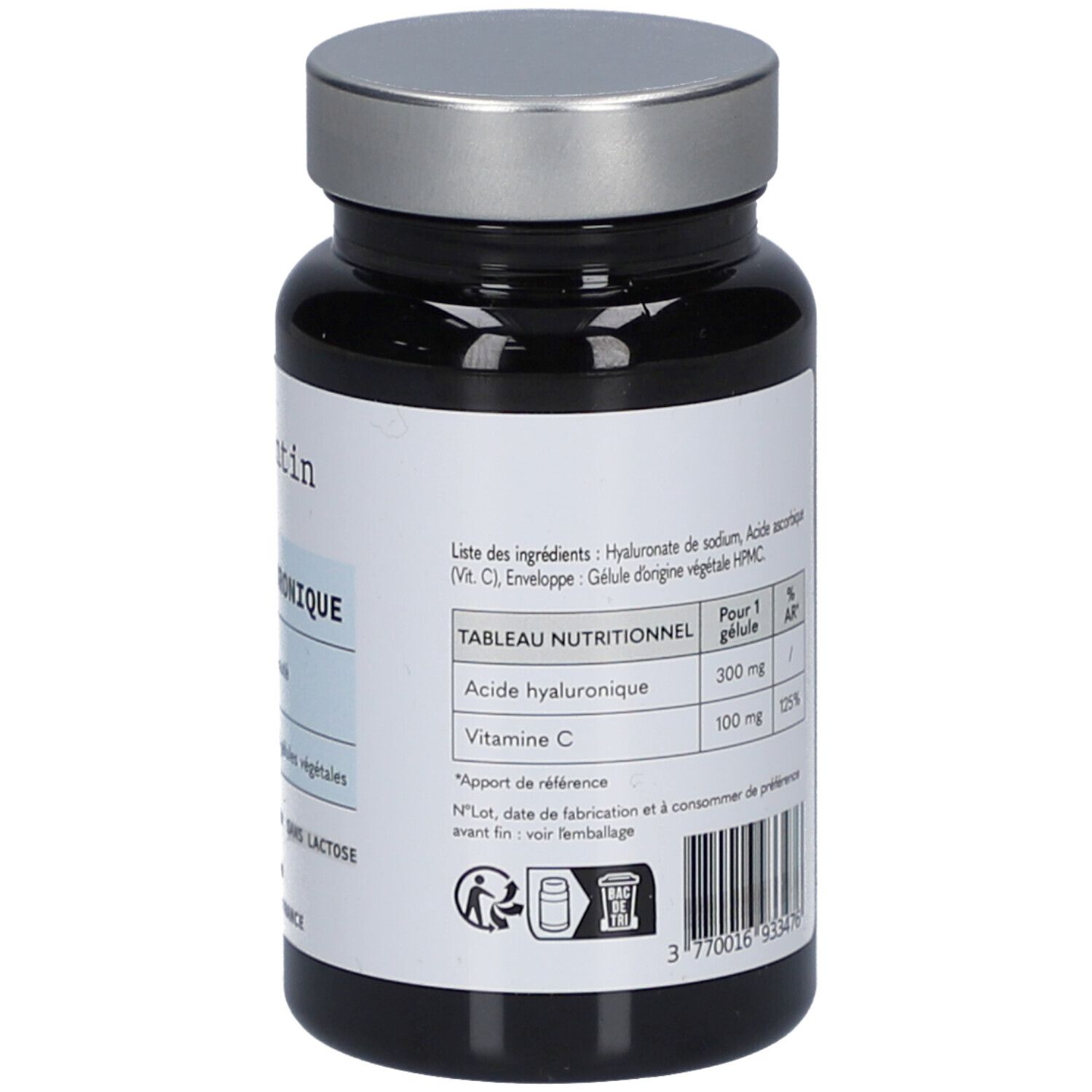 Vue arrière du flacon noir, bouchon argenté. Tableau nutritionnel sur l'étiquette.