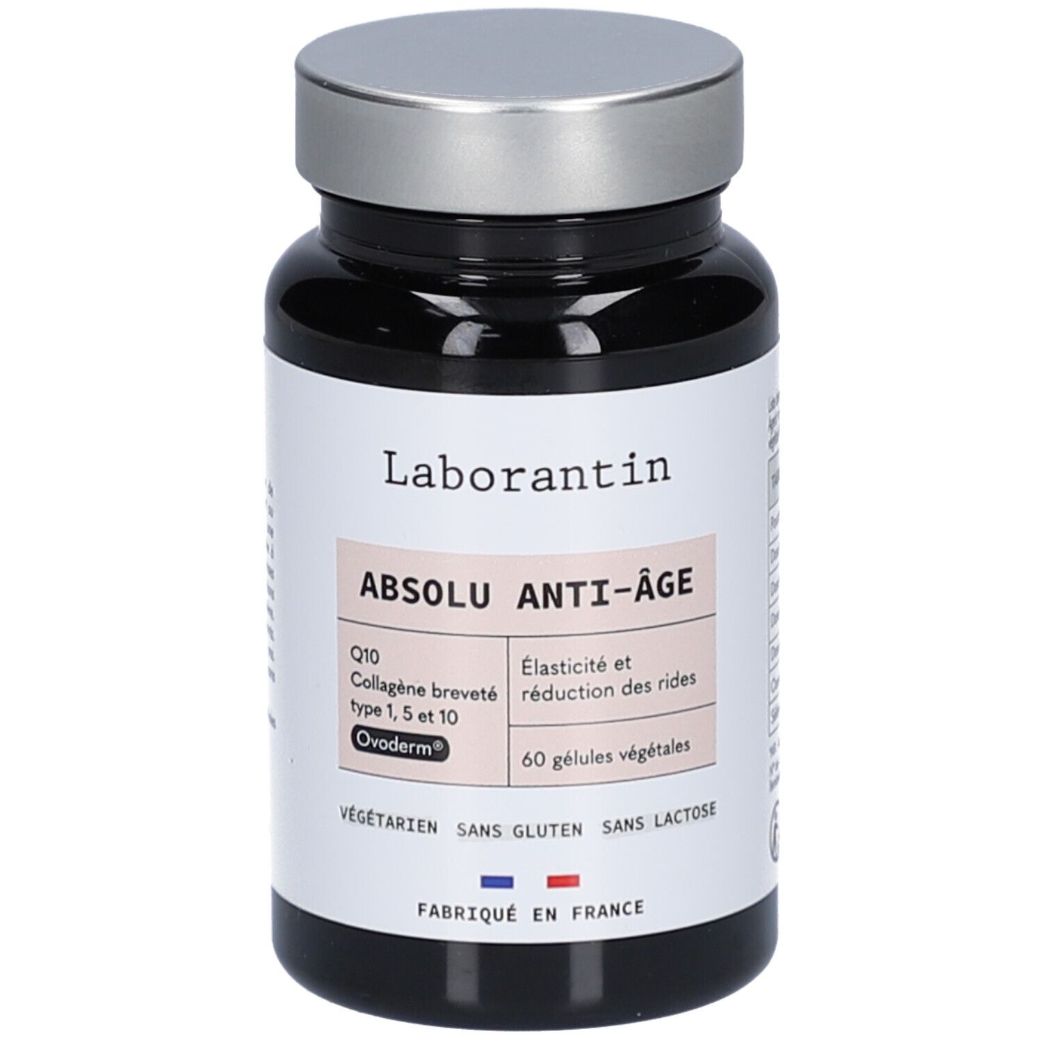 Flacon noir, bouchon argenté. Inscription Laborantin, Absolu Anti-Âge. Contient 60 gélules végétales. Fabriqué en France.