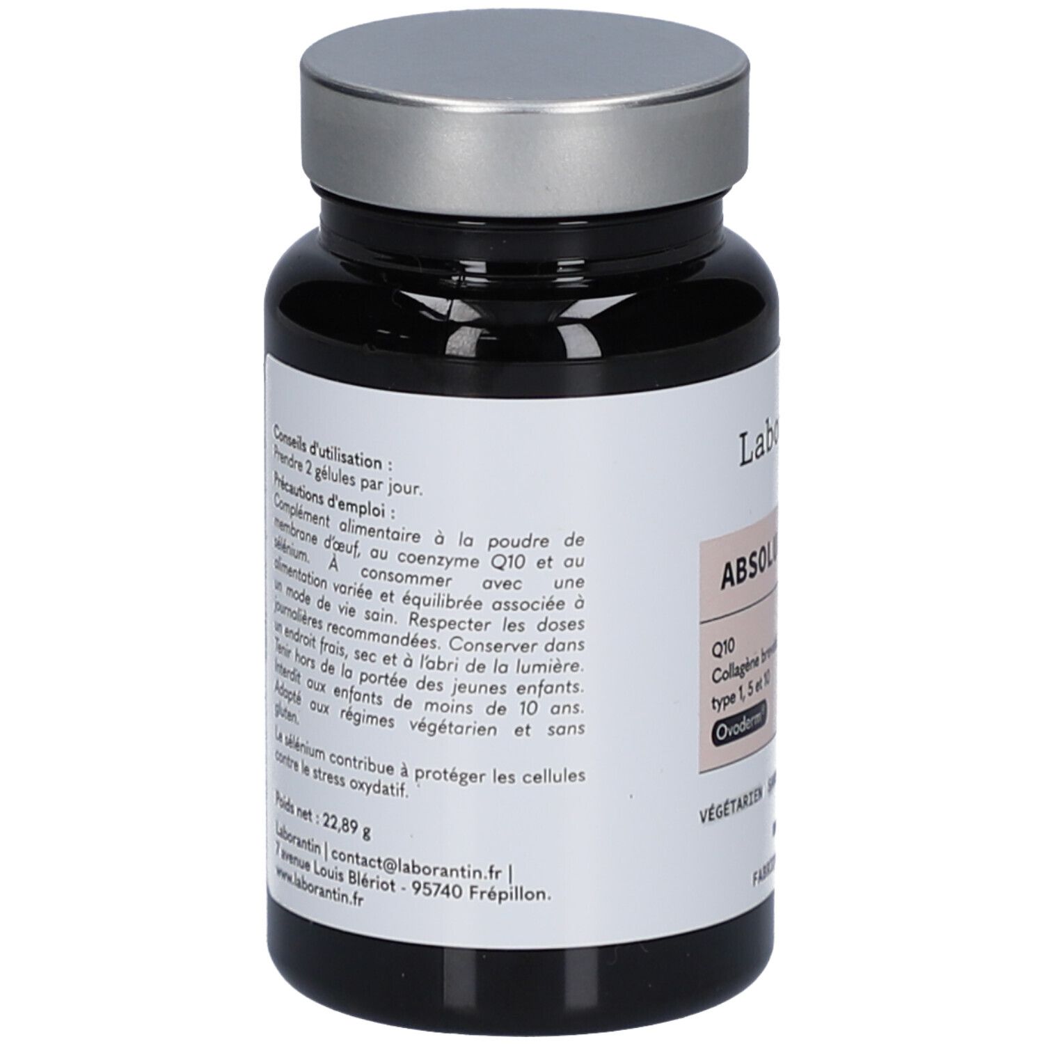 Dos du flacon noir. Texte sur l'utilisation, les ingrédients et les avertissements. Poids net : 22,89 g. Coordonnées de contact.