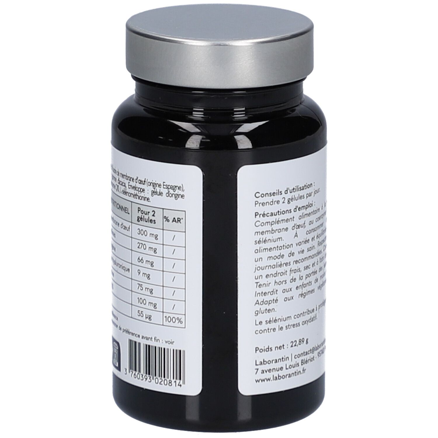 Dos du flacon noir. Tableau nutritionnel et ingrédients. Poids net : 22,89 g. Coordonnées de contact.