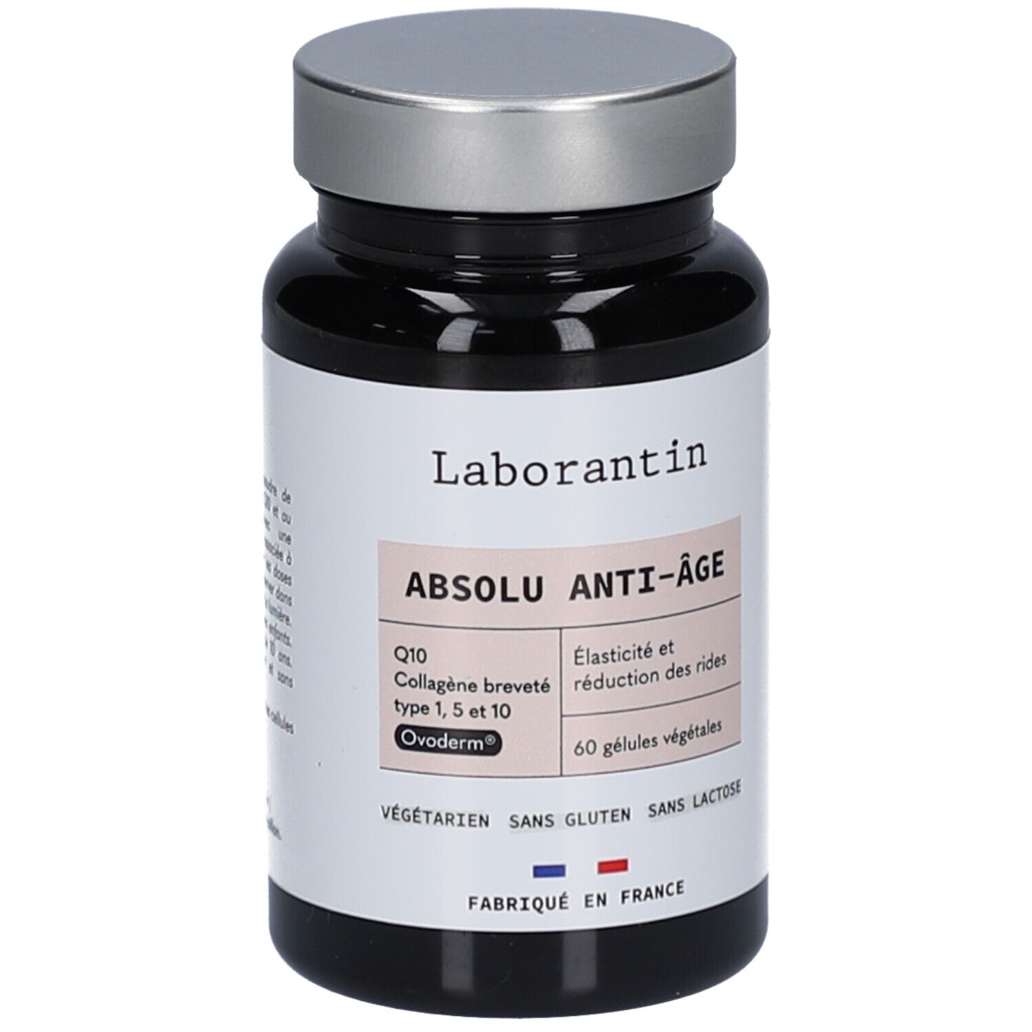 Flacon noir, bouchon argenté. Inscription Laborantin, Absolu Anti-Âge. Contient 60 gélules végétales. Fabriqué en France.