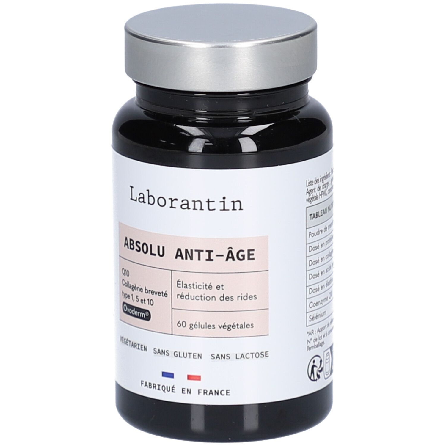 Flacon noir, bouchon argenté. Inscription Laborantin, Absolu Anti-Âge. Contient 60 gélules végétales. Fabriqué en France.