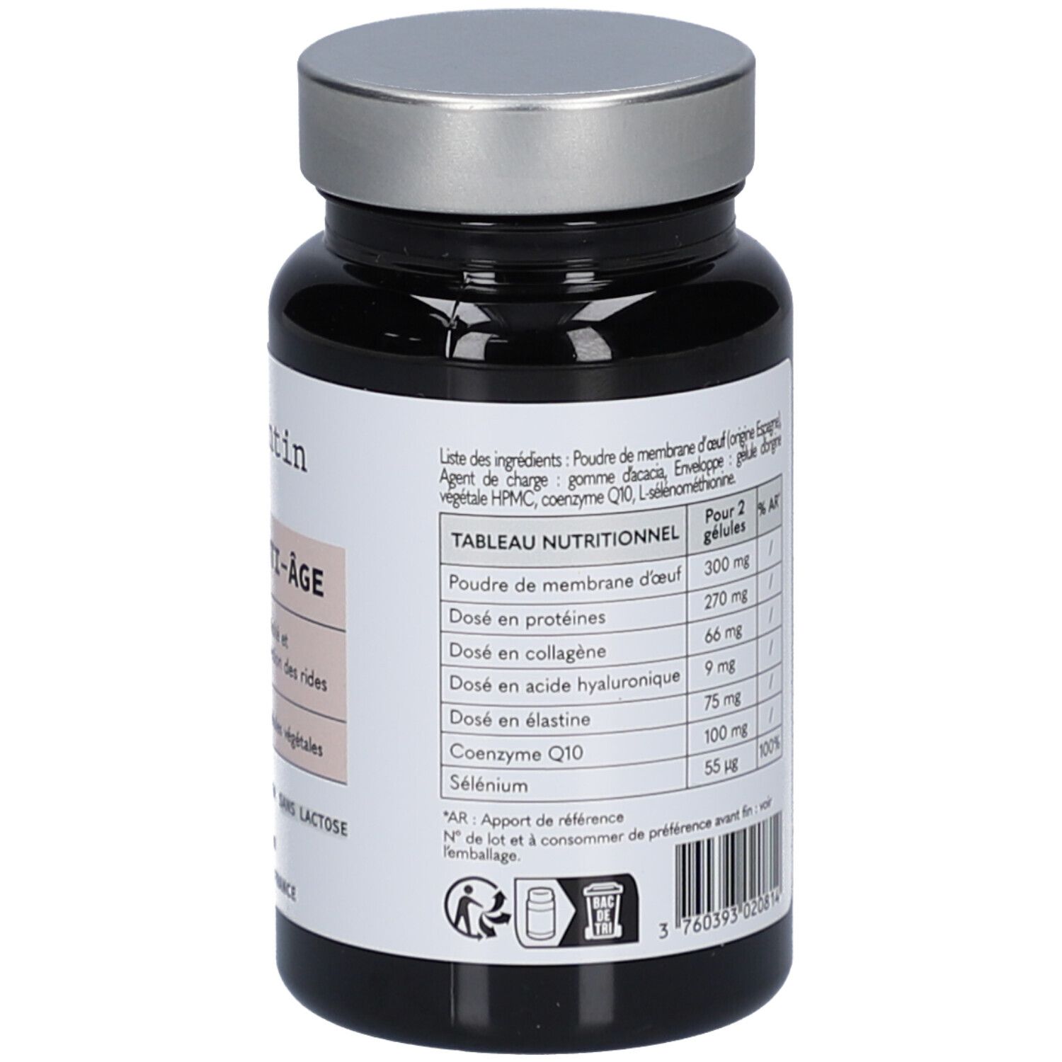 Dos du flacon noir. Tableau nutritionnel et ingrédients. Poids net : 22,89 g. Coordonnées de contact.