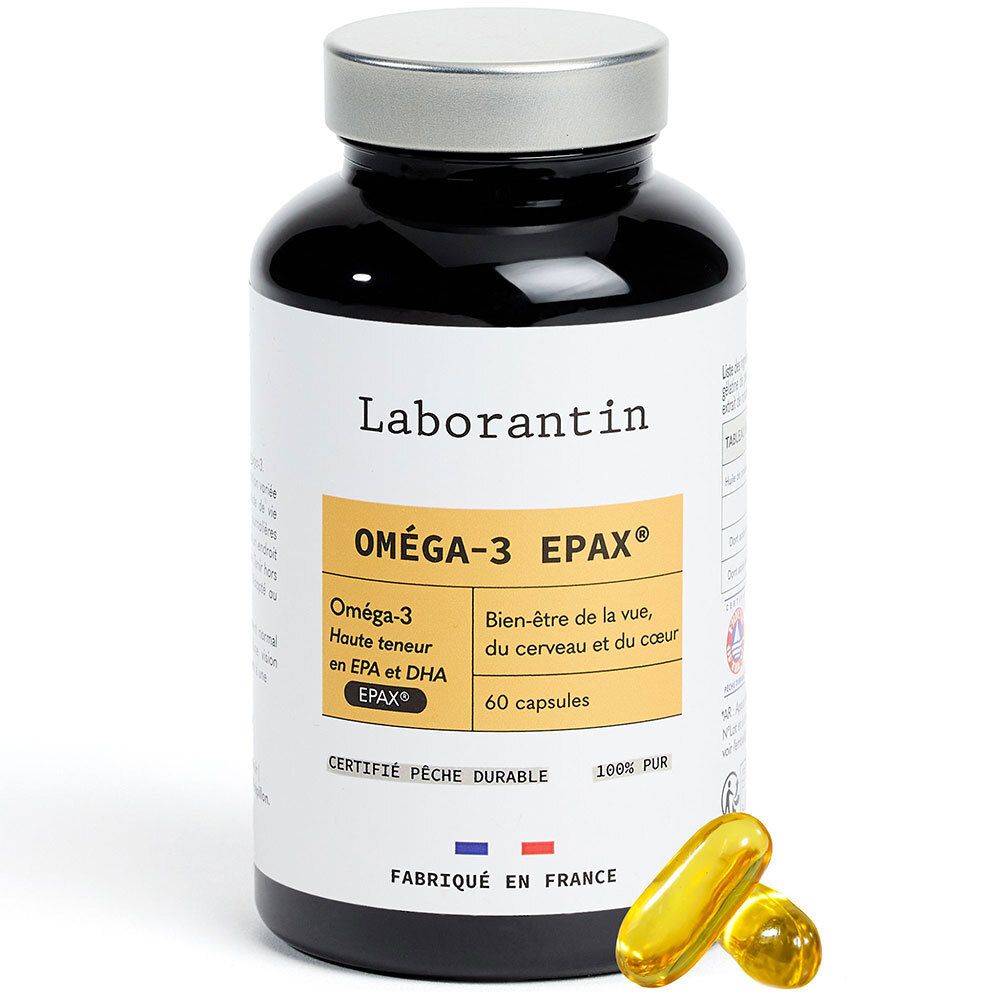 Flacon noir avec capsules. Inscription Laborantin, Oméga-3 EPAX. Capsules jaunes à côté.