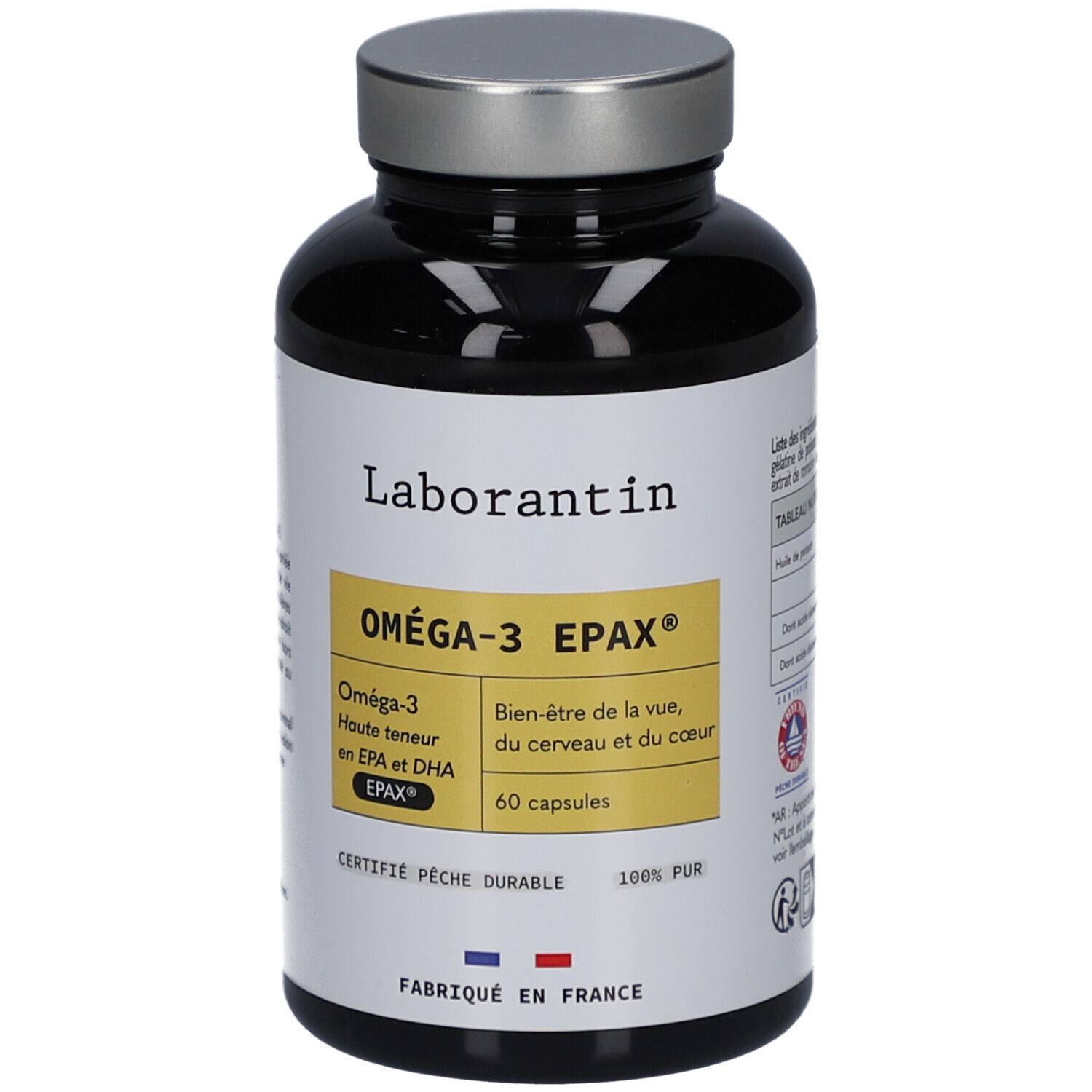 Flacon brun, bouchon argenté. Inscription: Laborantin, Oméga-3 EPAX, 60 capsules. Certification Pêche durable.