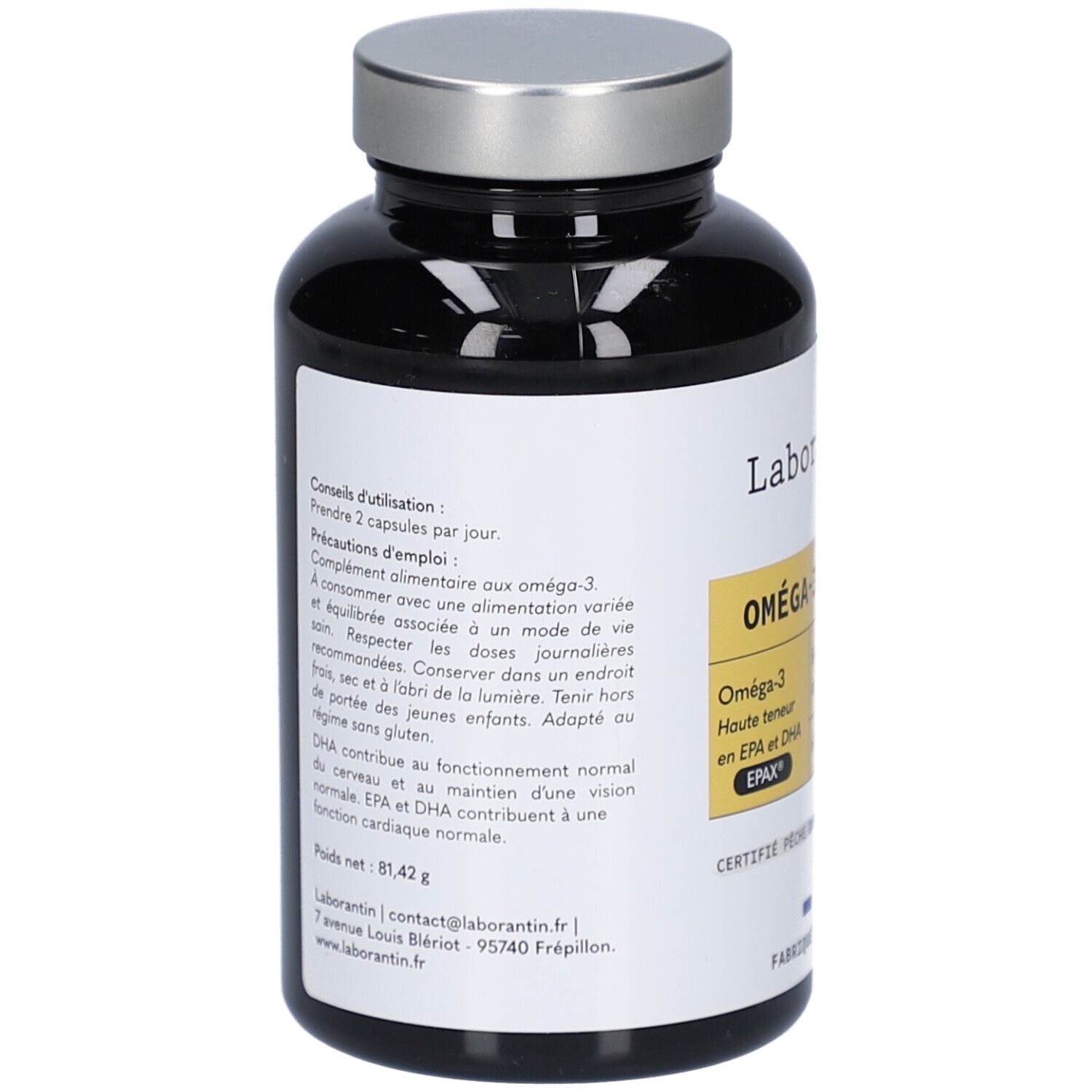 Dos du flacon brun. Texte: Conseil d'utilisation, Precautions d'emploi. Informations sur les ingrédients et le poids.