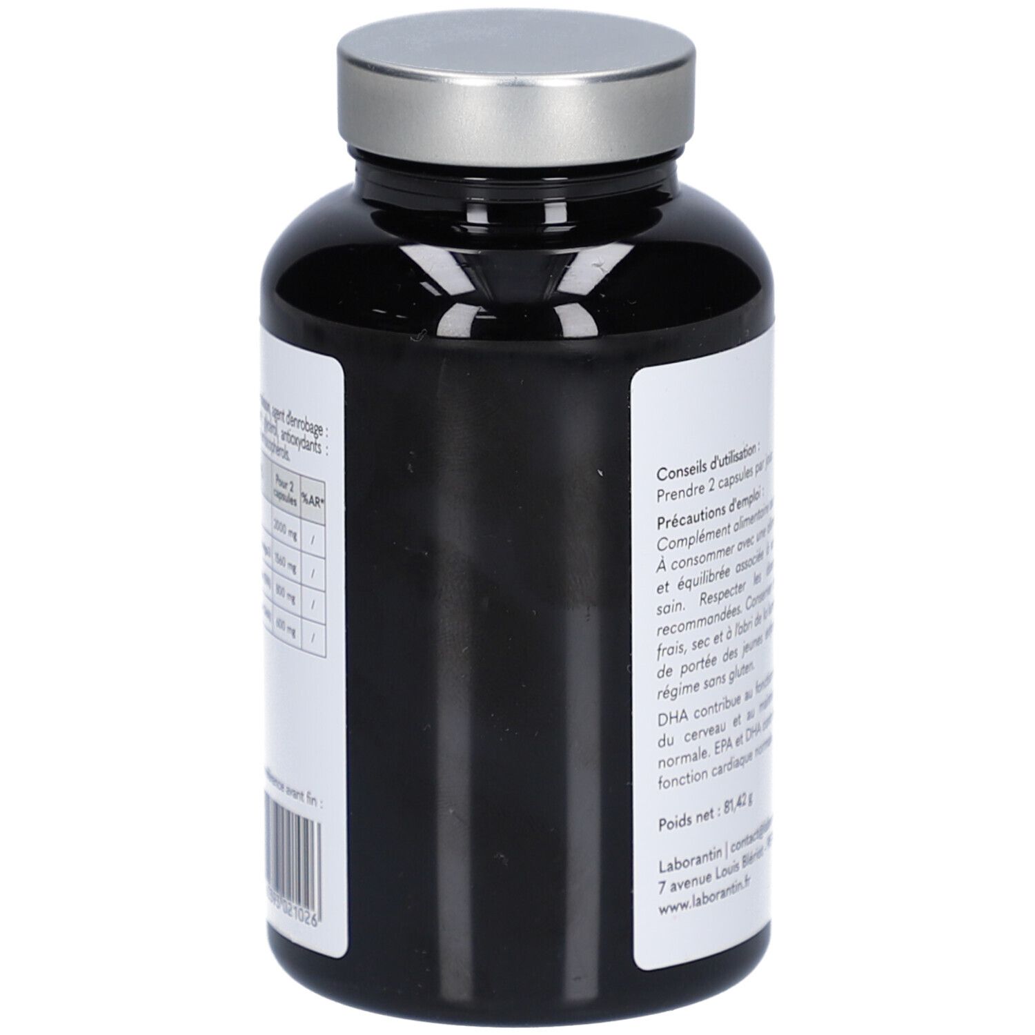 Flacon brun, dos. Texte: Conseil d'utilisation, Precautions d'emploi. Informations nutritionnelles et coordonnées.