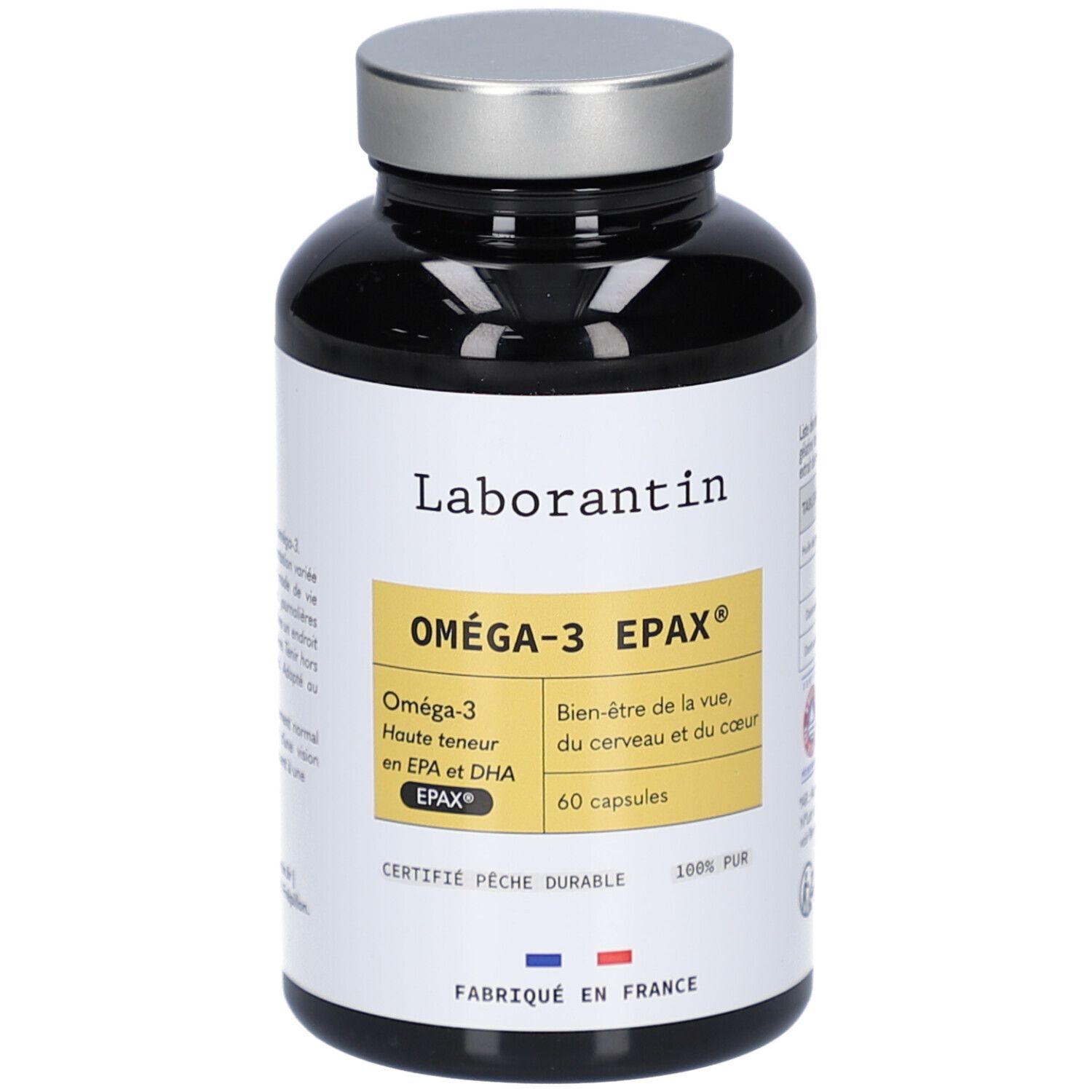 Flacon brun, bouchon argenté. Inscription: Laborantin, Oméga-3 EPAX, 60 capsules. Certification Pêche durable.