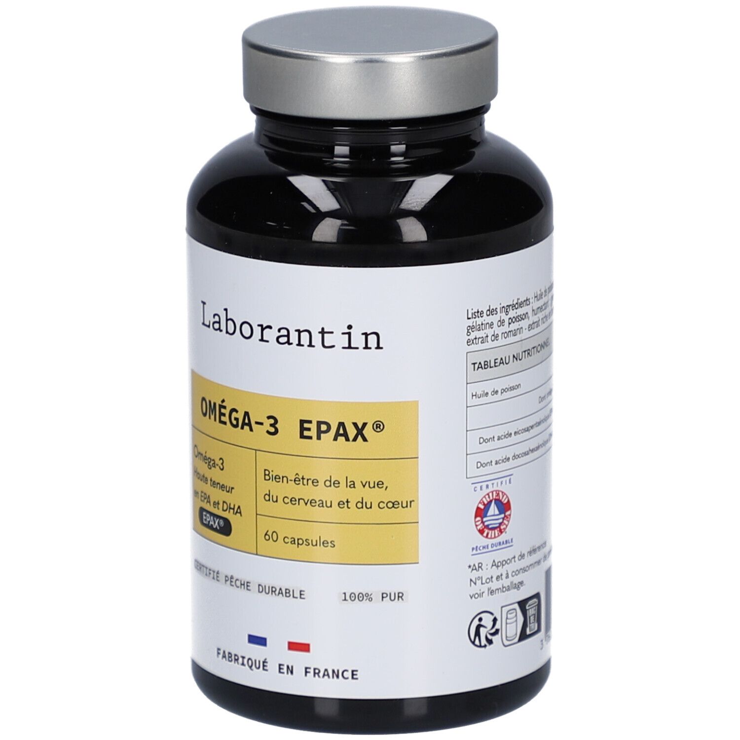 Flacon brun, bouchon argenté. Inscription: Laborantin, Oméga-3 EPAX, 60 capsules. Certification Pêche durable.
