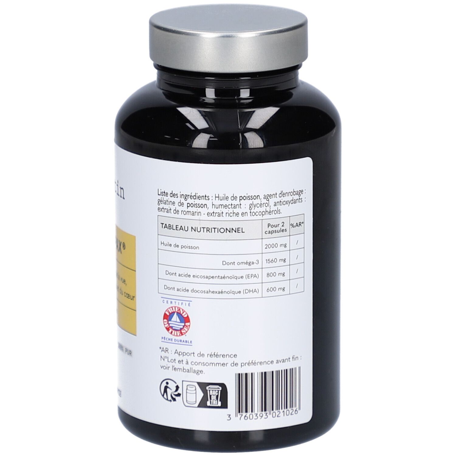 Dos du flacon brun. Liste des ingrédients, informations nutritionnelles. Certification: AR. Code-barres et date de péremption.