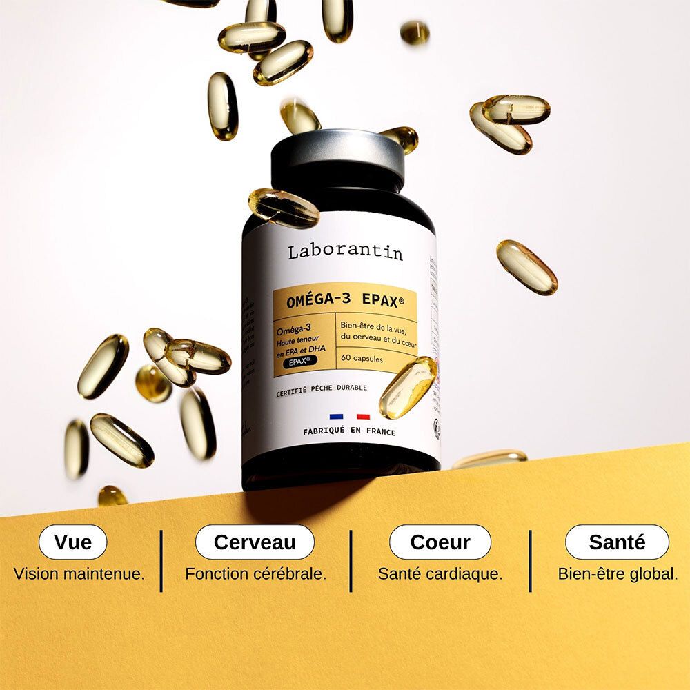 Capsules tombant devant un flacon Laborantin Oméga-3 EPAX. Mots: Vue, Cerveau, Coeur, Santé.
