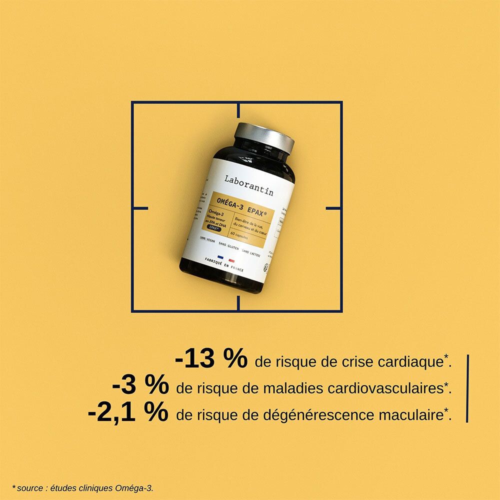 Flacon Laborantin Oméga-3 EPAX dans un carré jaune. Statistiques: -13%, -3%, -2,1%.