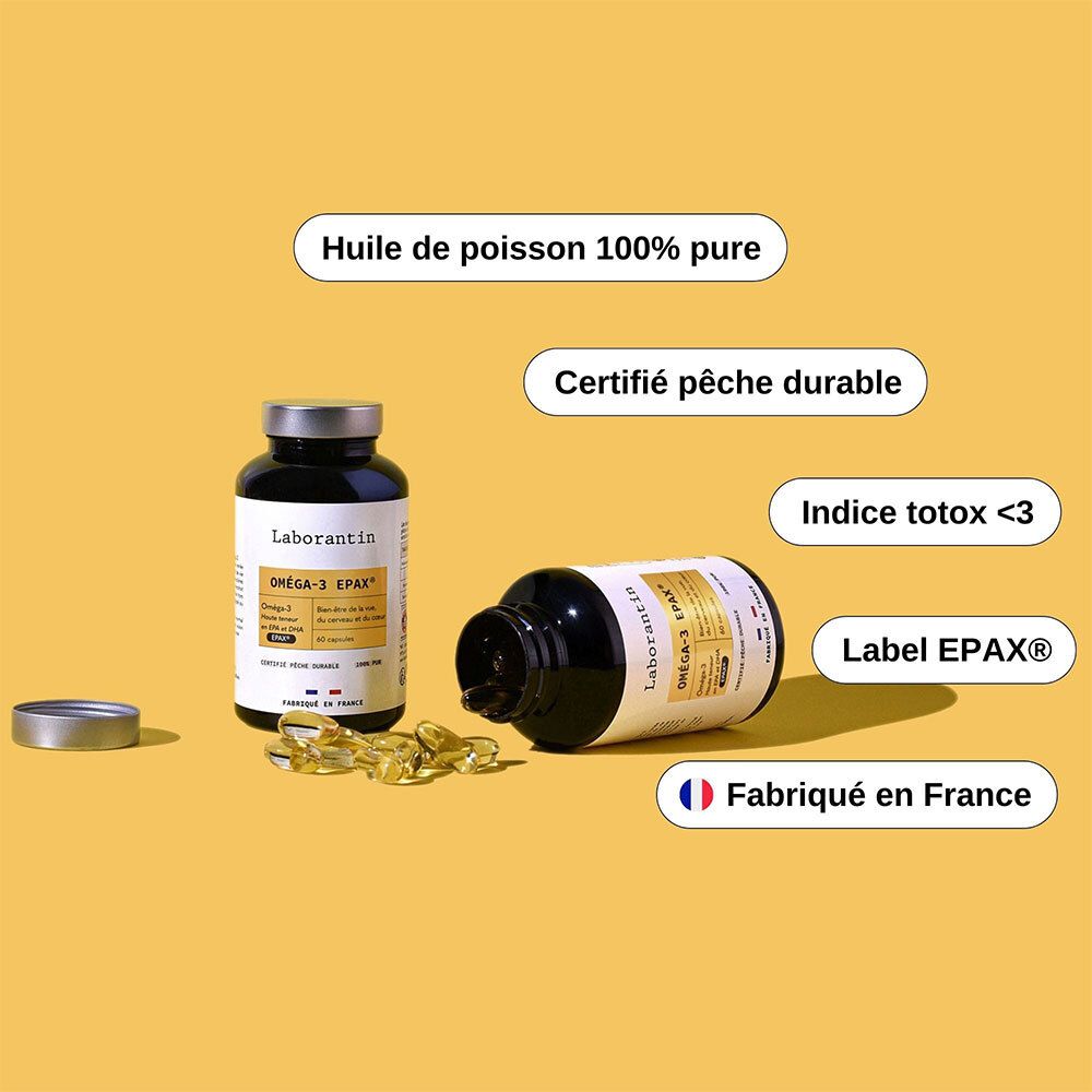 Deux flacons Laborantin Oméga-3 EPAX et capsules. Texte: Huile de poisson, Certifié pêche durable.
