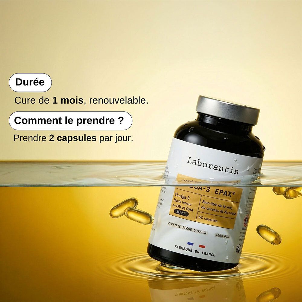 Flacon Laborantin Oméga-3 Epax. Texte : Huile de poisson 100% pure, Label EPAX, Indice totox <3, Fabriqué en France.