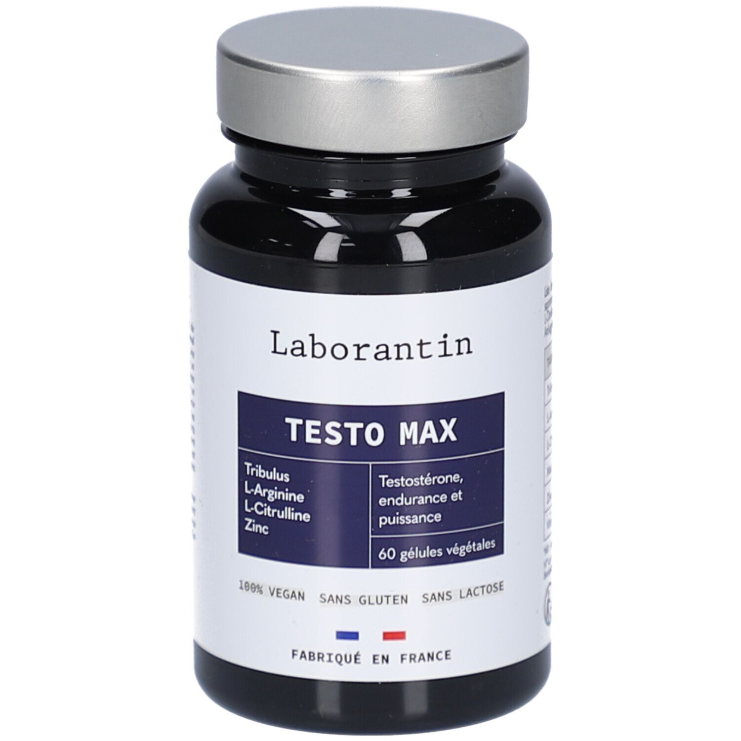 Flacon noir, bouchon argenté. Inscriptions: Laborantin, TESTO MAX, 60 gélules végétales. Vegan, sans gluten, sans lactose. Fabriqué en France.
