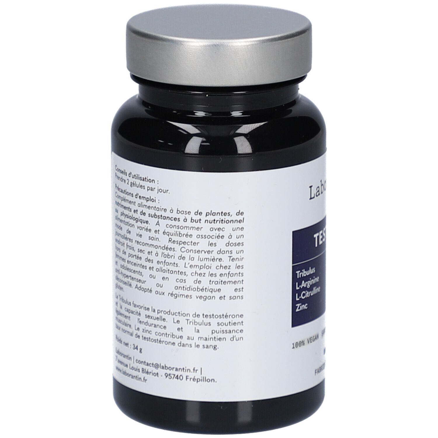 Flacon noir, bouchon argenté. Verso avec texte. Contient des informations sur les ingrédients et l'utilisation. Vegan, sans gluten, sans lactose.