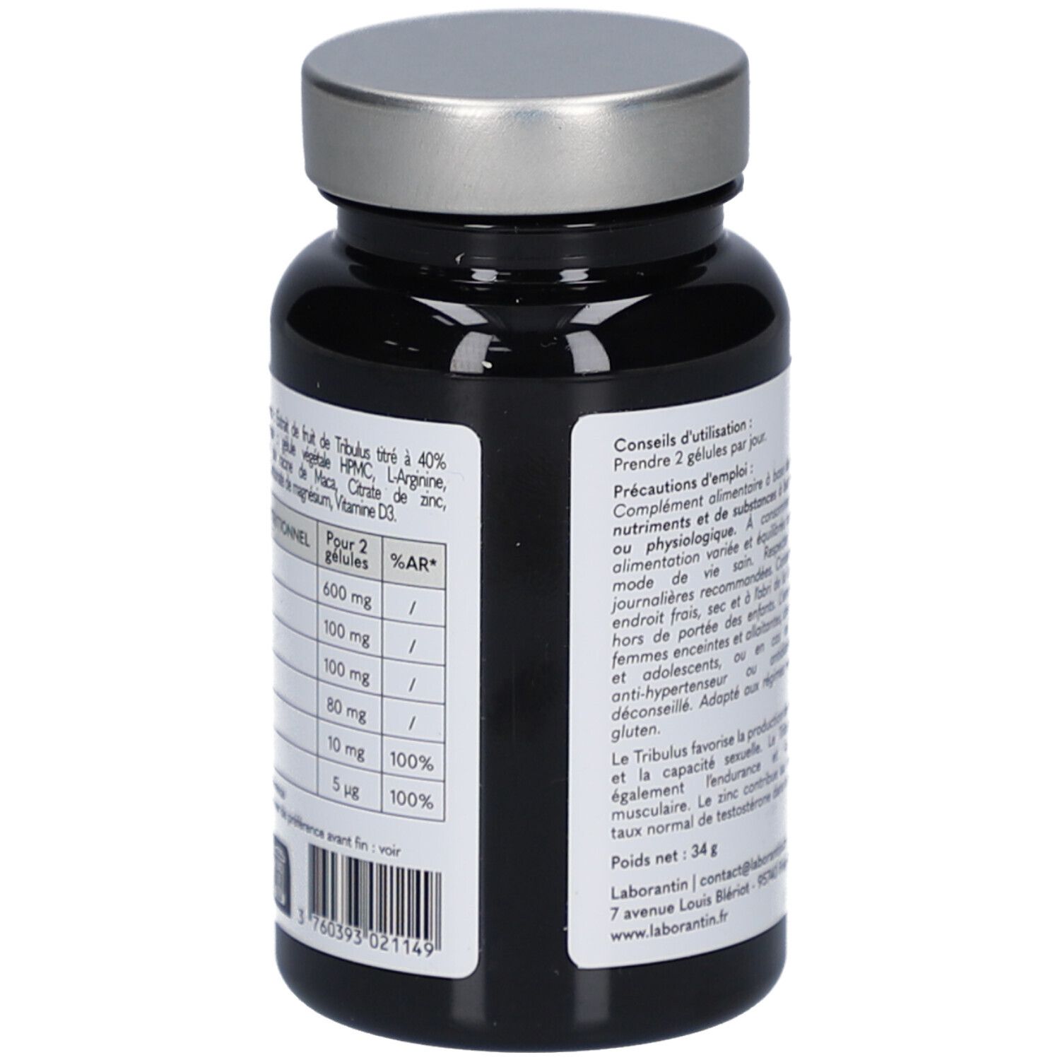 Flacon noir, bouchon argenté. Verso avec tableau nutritionnel. Contient des informations sur les ingrédients et le dosage. Vegan, sans gluten, sans lactose.