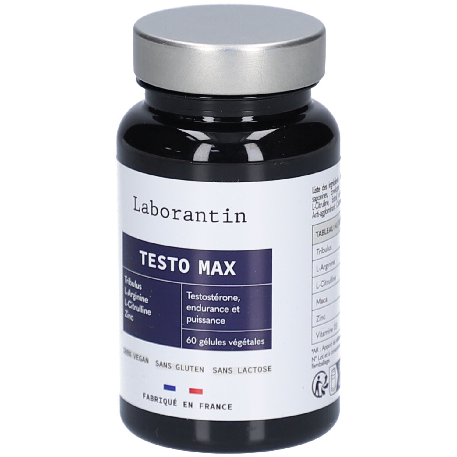 Flacon noir, bouchon argenté. Inscriptions: Laborantin, TESTO MAX, 60 gélules végétales. Vegan, sans gluten, sans lactose. Fabriqué en France.