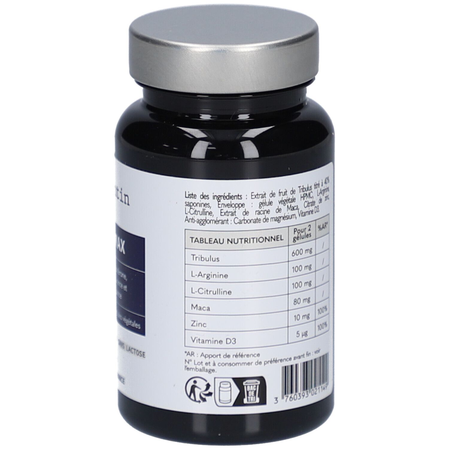 Flacon noir, bouchon argenté. Verso avec tableau nutritionnel. Contient des informations sur les ingrédients et le dosage. Vegan, sans gluten, sans lactose.