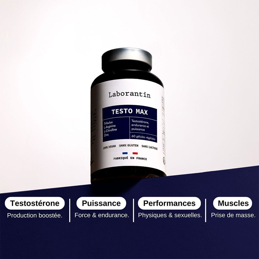 Graphique avec texte: Testostérone, Puissance, Performances, Muscles. Flacon Testo Max en arrière-plan. Fond bleu et blanc.