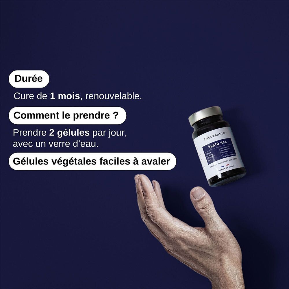 Main tenant un flacon Testo Max. Texte: Cure de 1 mois. Prise: 2 gélules par jour avec de l'eau. Gélules végétales.