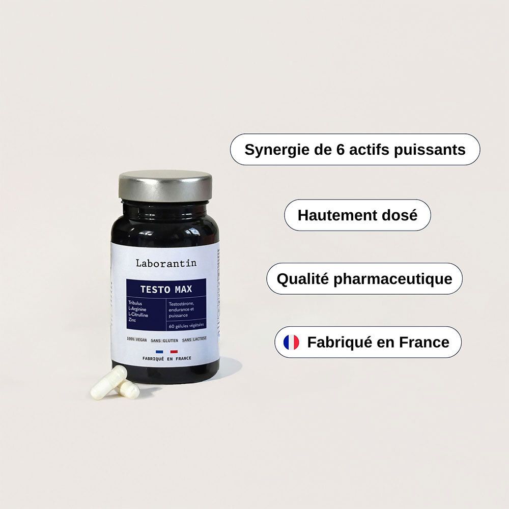 Flacon Testo Max et gélules. Texte: Synergie de 6 actifs, Hautement dosé, Qualité pharmaceutique, Fabriqué en France.