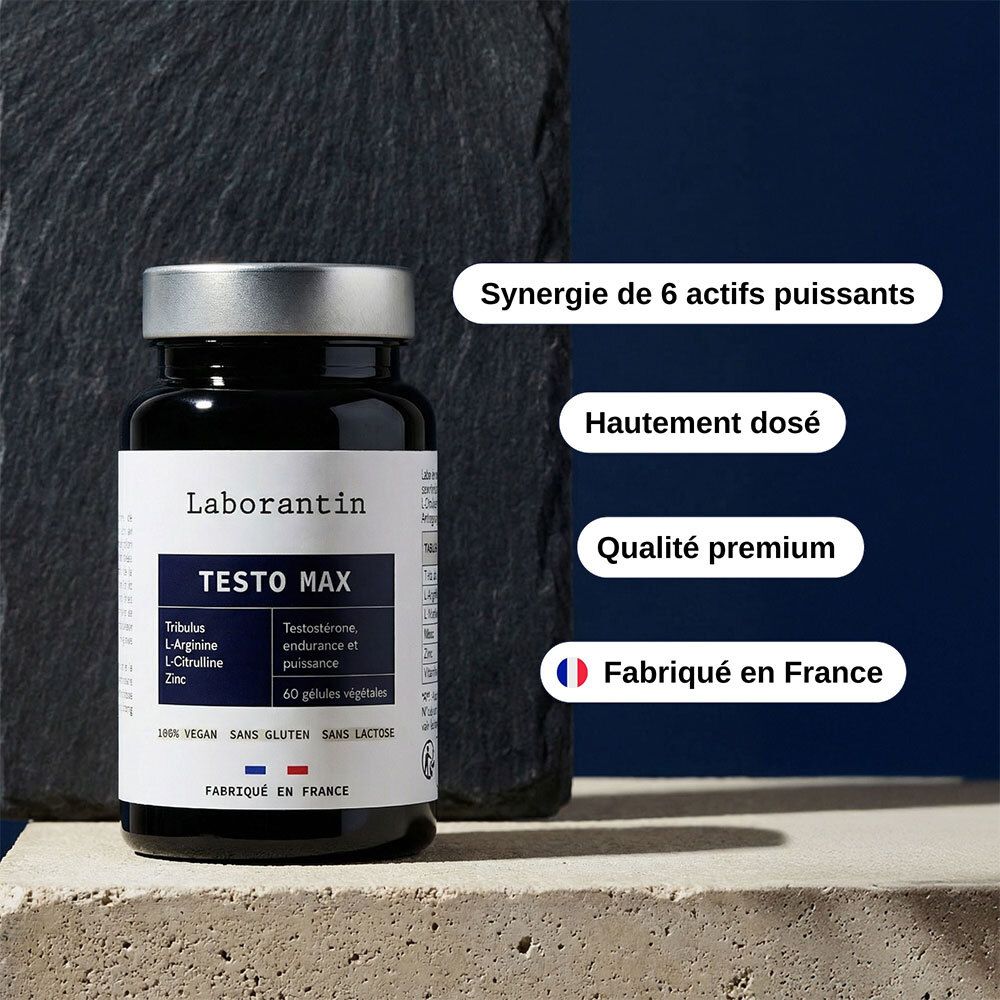 Flacon Laborantin Testo Max. Vegan, sans gluten, sans lactose, sans gélatine, sans OGM. Sur pierre.