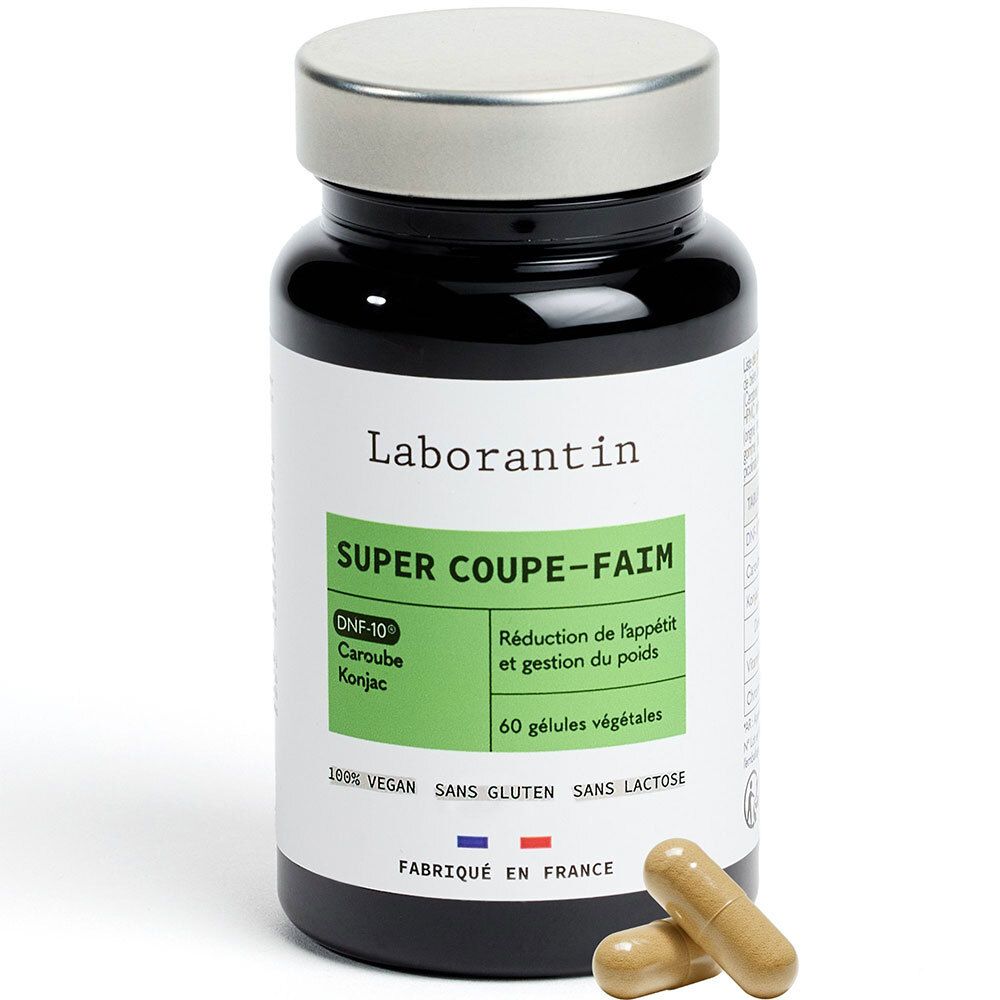 Flacon noir avec étiquette blanche. Inscription: Laborantin, SUPER COUPE-FAIM. Gélules à côté. Vegan, sans gluten, sans lactose.