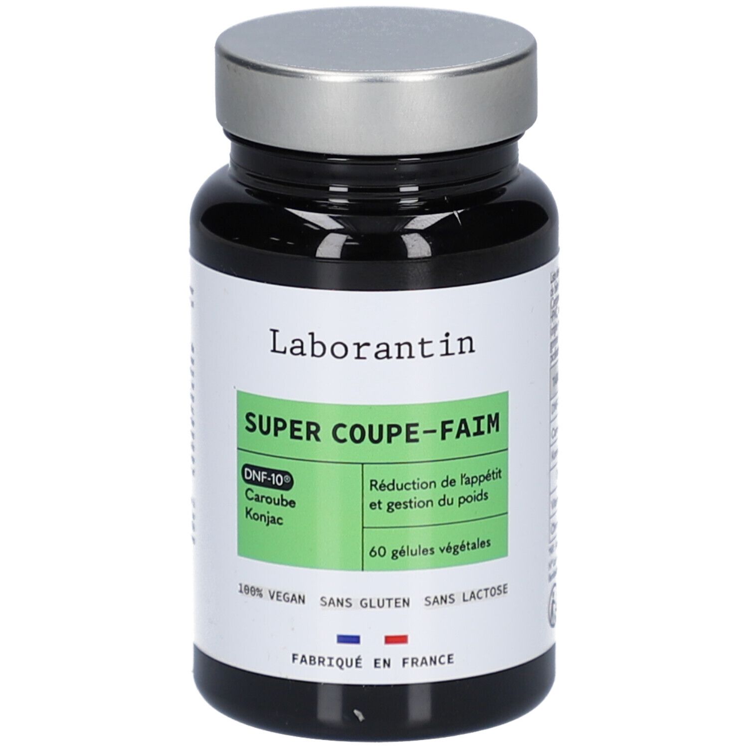 Flacon noir, bouchon argenté. Étiquette "Laborantin", "SUPER COUPE-FAIM", 60 gélules végétales, vegan, sans gluten, sans lactose.