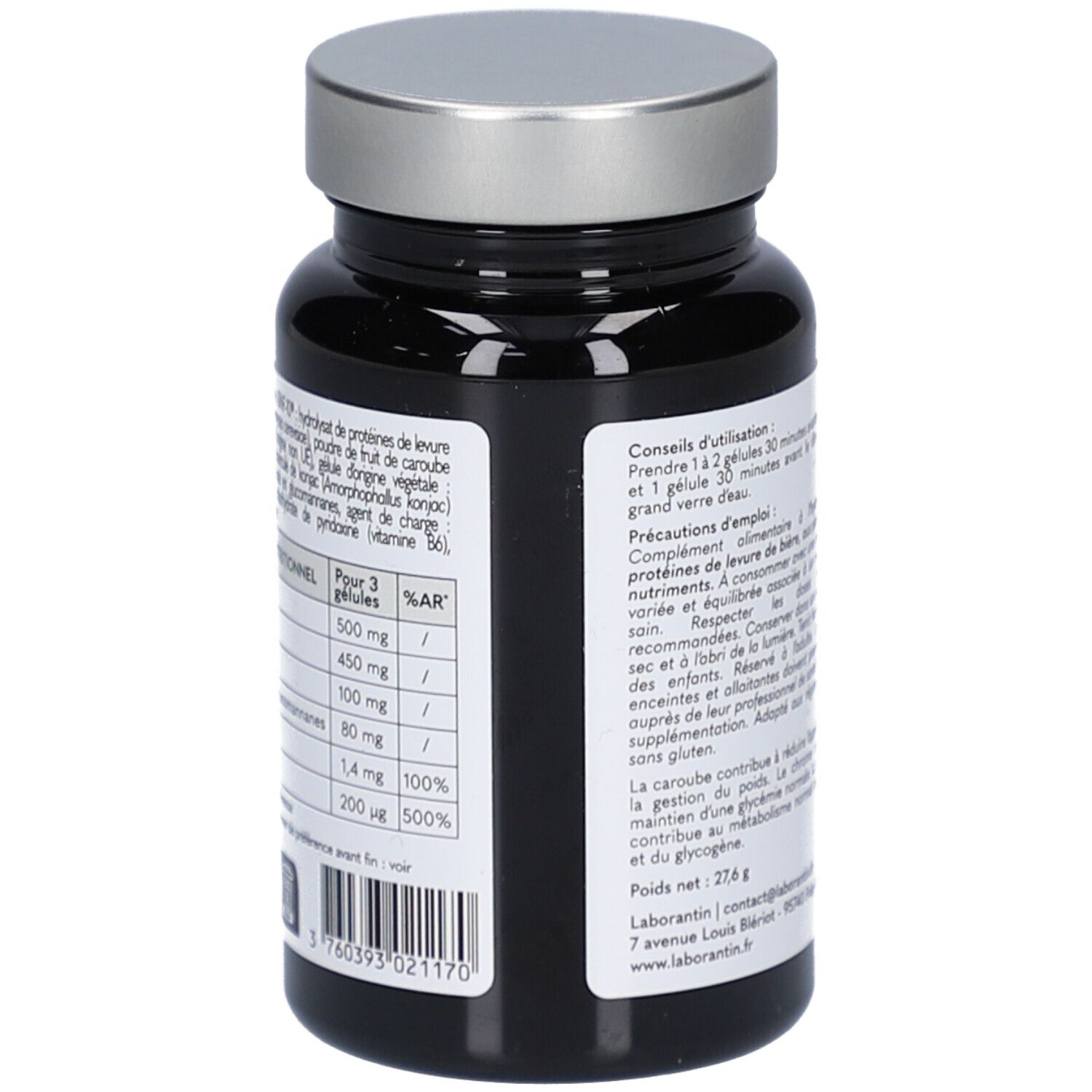 Flacon noir, bouchon argenté. Étiquette avec tableau nutritionnel, ingrédients et informations fabricant. Fabriqué en France.