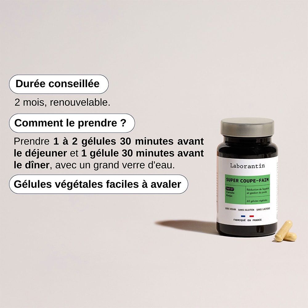 Flacon à côté du texte: Durée conseillée, Comment le prendre?, Gélules végétales faciles à avaler.