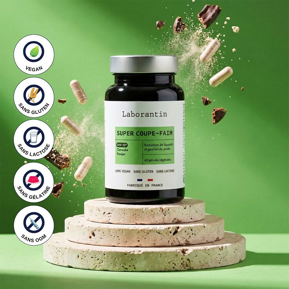 Gélules Laborantin Super Coupe-Faim avec sceaux : Vegan, Sans Gluten, Sans Lactose, Sans Gélatine, Sans OGM.