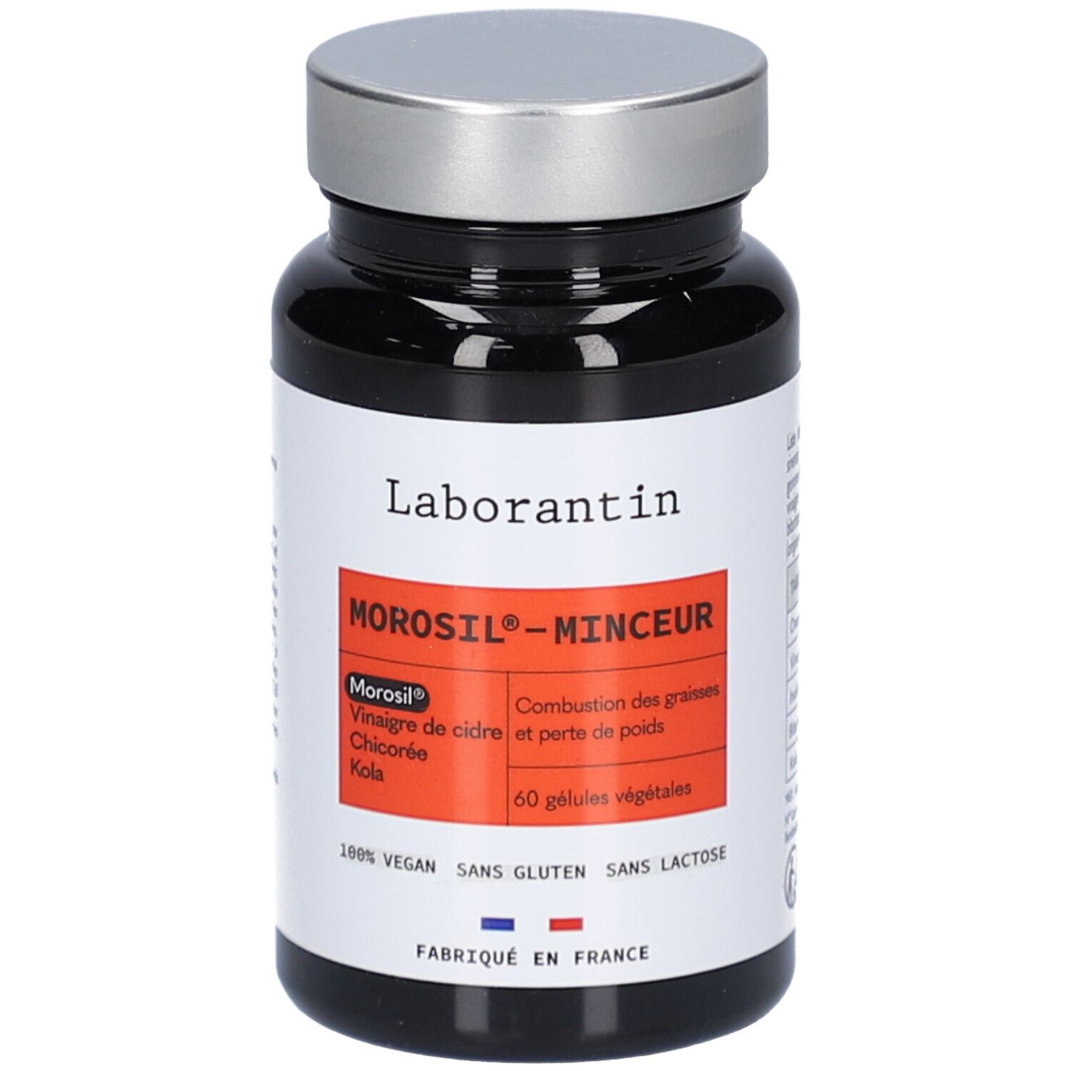 Flacon noir, bouchon argenté. Inscription: Laborantin, Morosil-Minceur. Contient 60 gélules. Vegan, sans gluten, sans lactose.